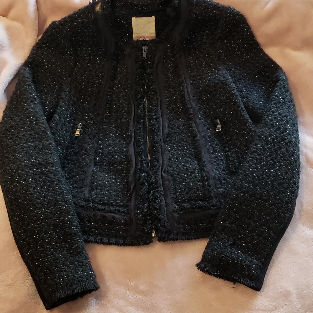 REBECCA TAYLOR SPARKLE TWEED JACKET WITH LEATHER
